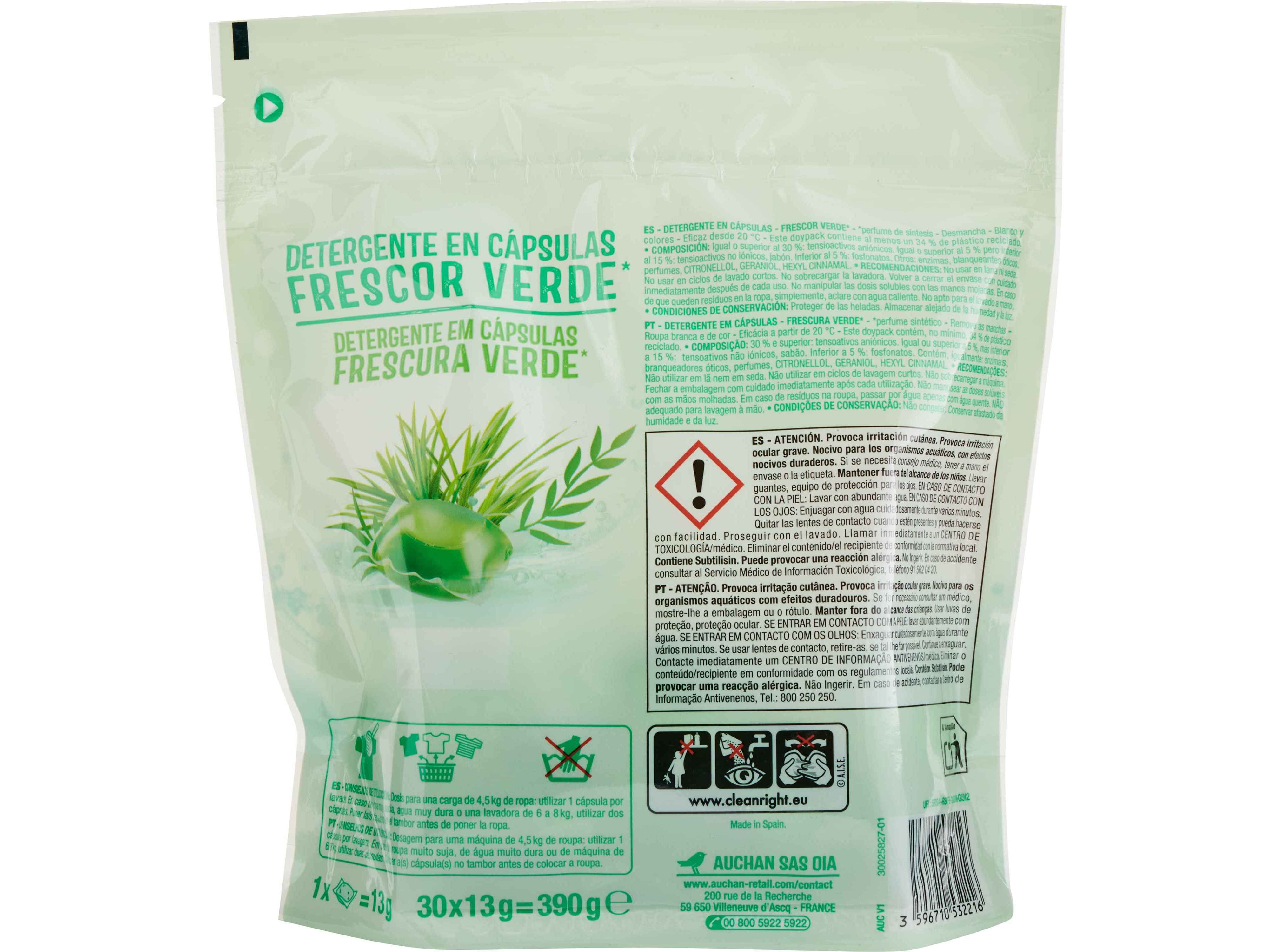 DETERGENTE ROUPA AUCHAN C&Aacute;PSULAS FRESCURA VERDE 30 DOSES image number 1