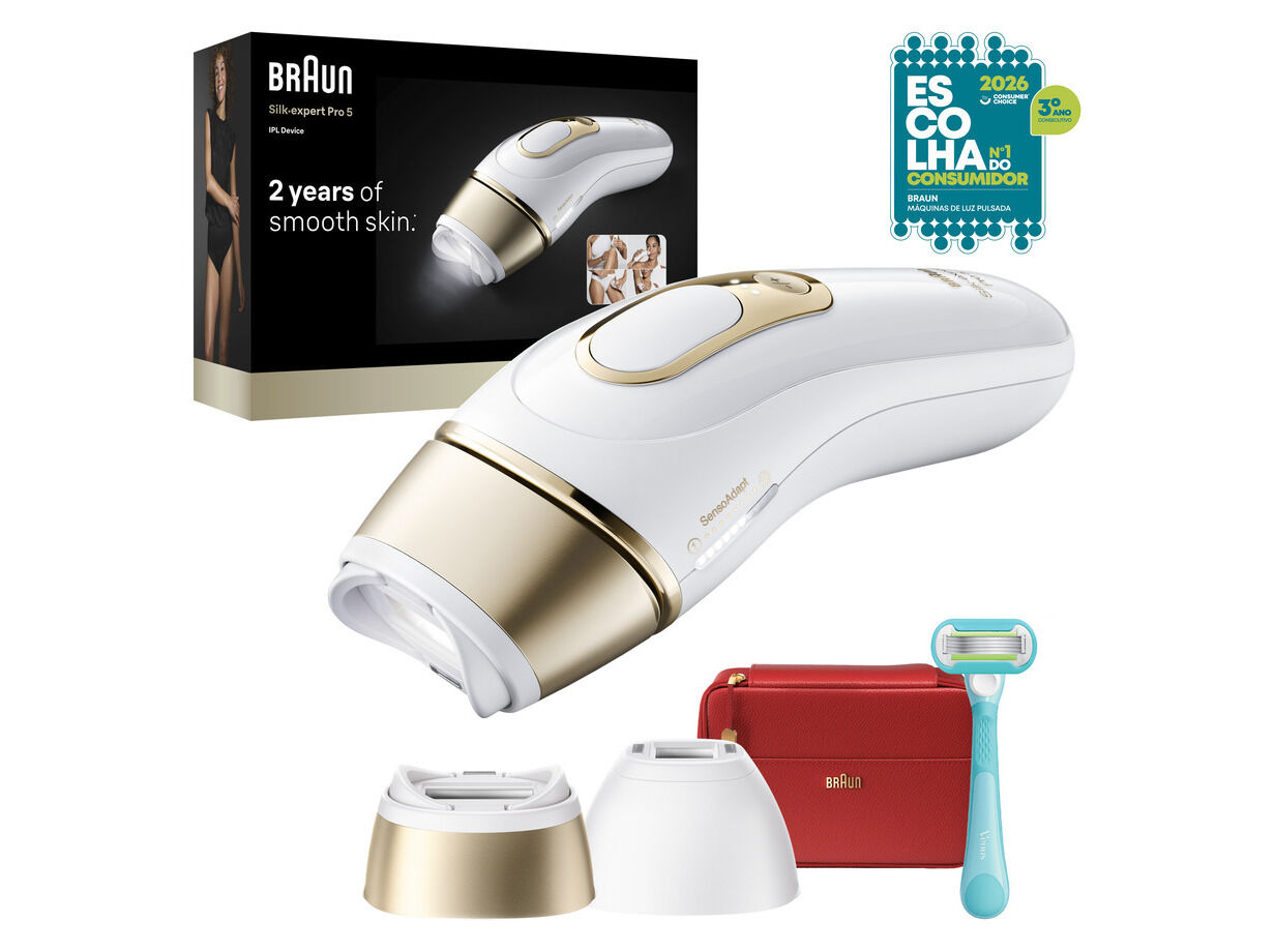 DEPILADORA BRAUN LUZ PULSADA S5 PL5221 BRANCO E DOURADO SILK EXPERT
