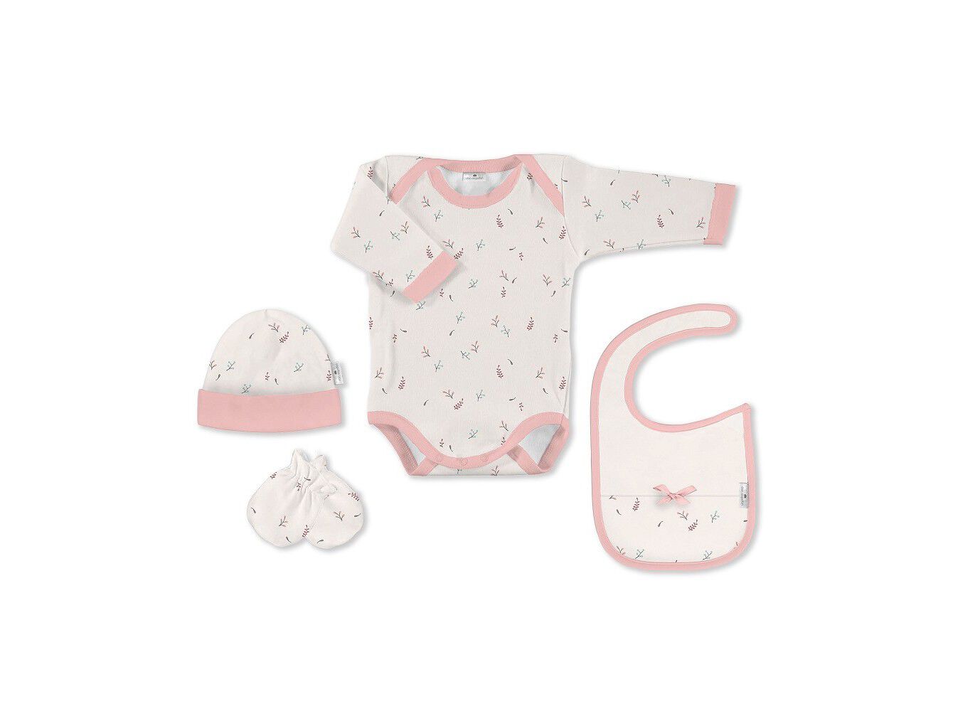CONJUNTO DE 4 PE&Ccedil;AS DON ALGODON BODIE+GORRO+BABETE+LUVAS ROSA 0+MESES image number 1