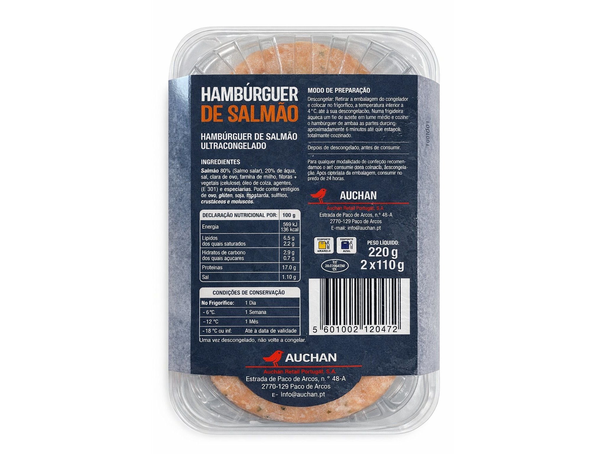HAMB&Uacute;RGUER DE SALM&Atilde;O AUCHAN ULTRACONGELADO 2UN 220G image number 1