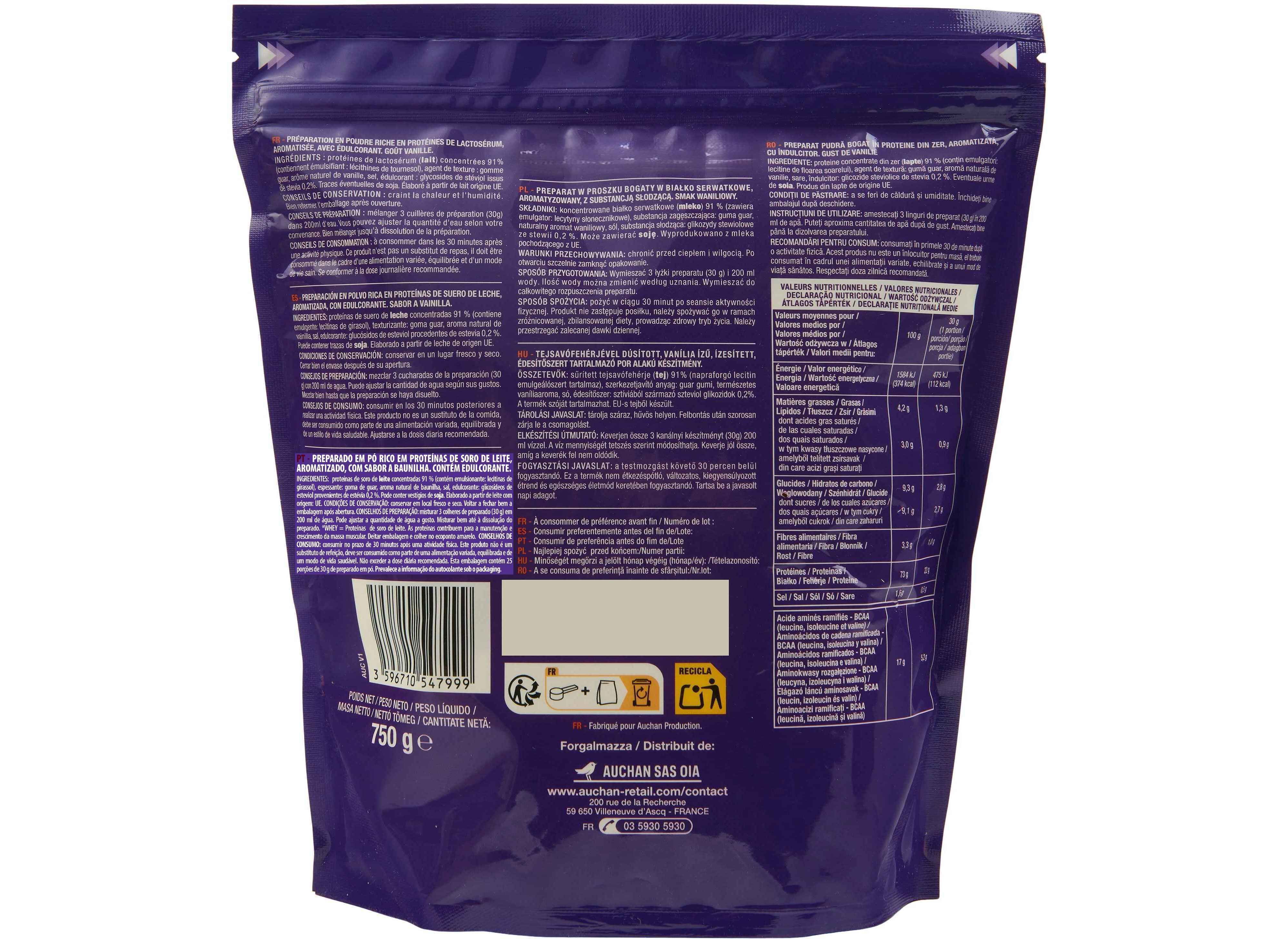 PROTE&Iacute;NA WHEY AUCHAN EAT'N MOVE BAUNILHA 750G image number 1