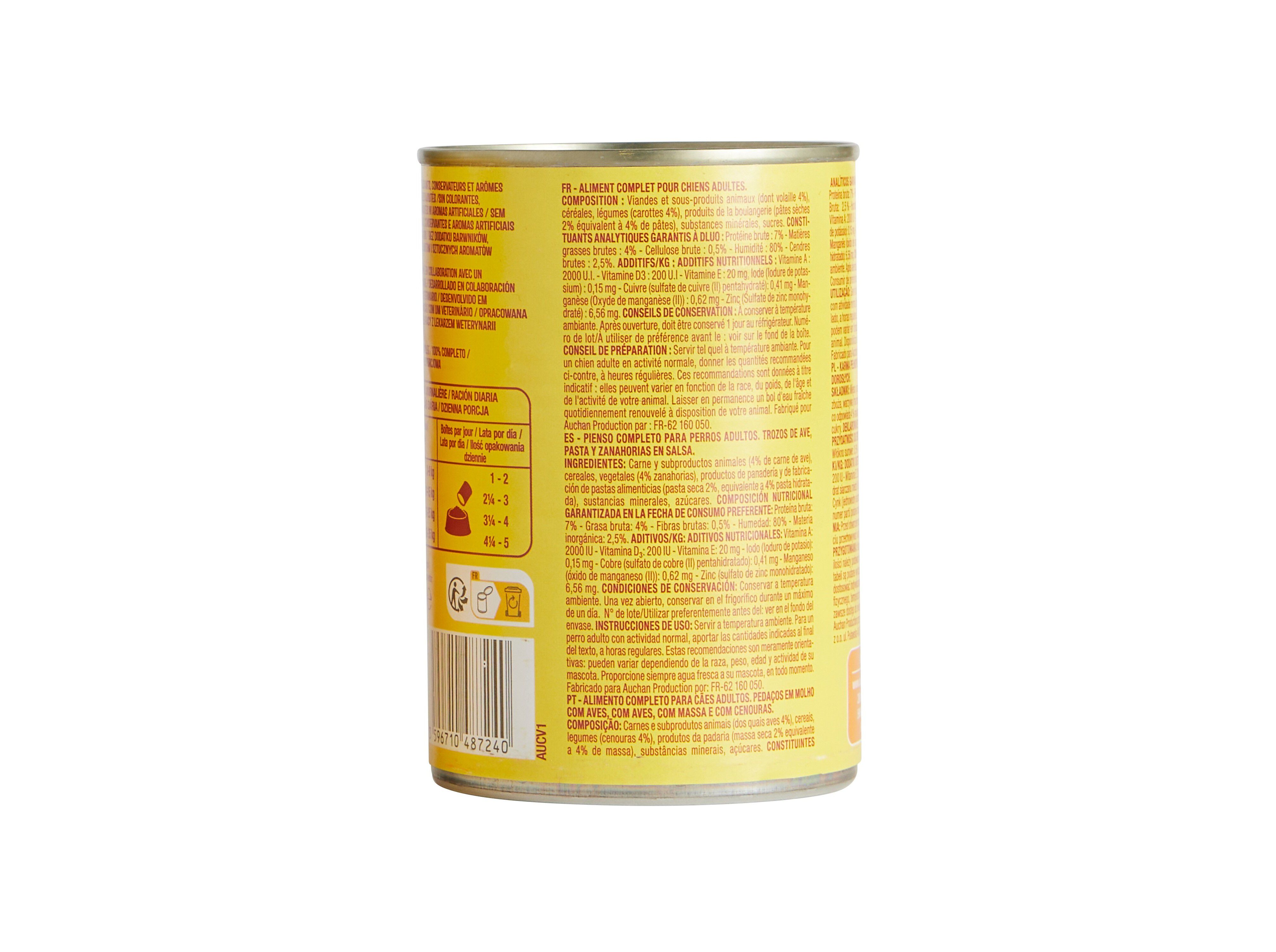 COMIDA H&Uacute;MIDA PARA C&Atilde;O AUCHAN PEDA&Ccedil;OS EM MOLHO AVES E COM MASSA 400G image number 1