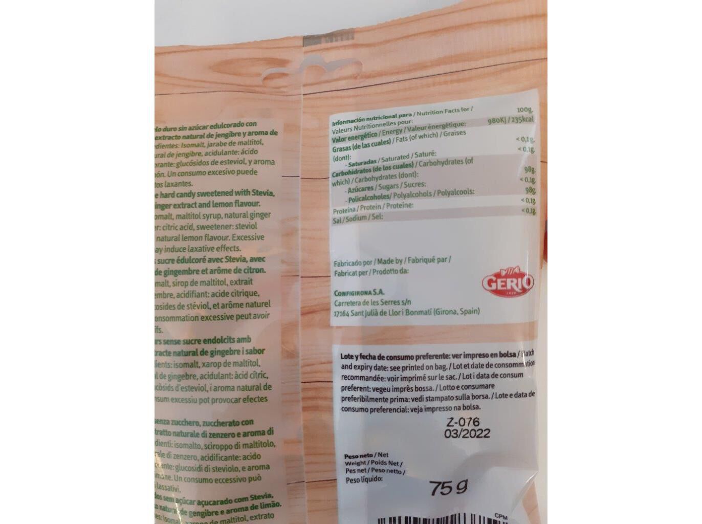 DROPS GERIOVIT SEM A&Ccedil;&Uacute;CAR GENGIBRE E LIM&Atilde;O 75G image number 1