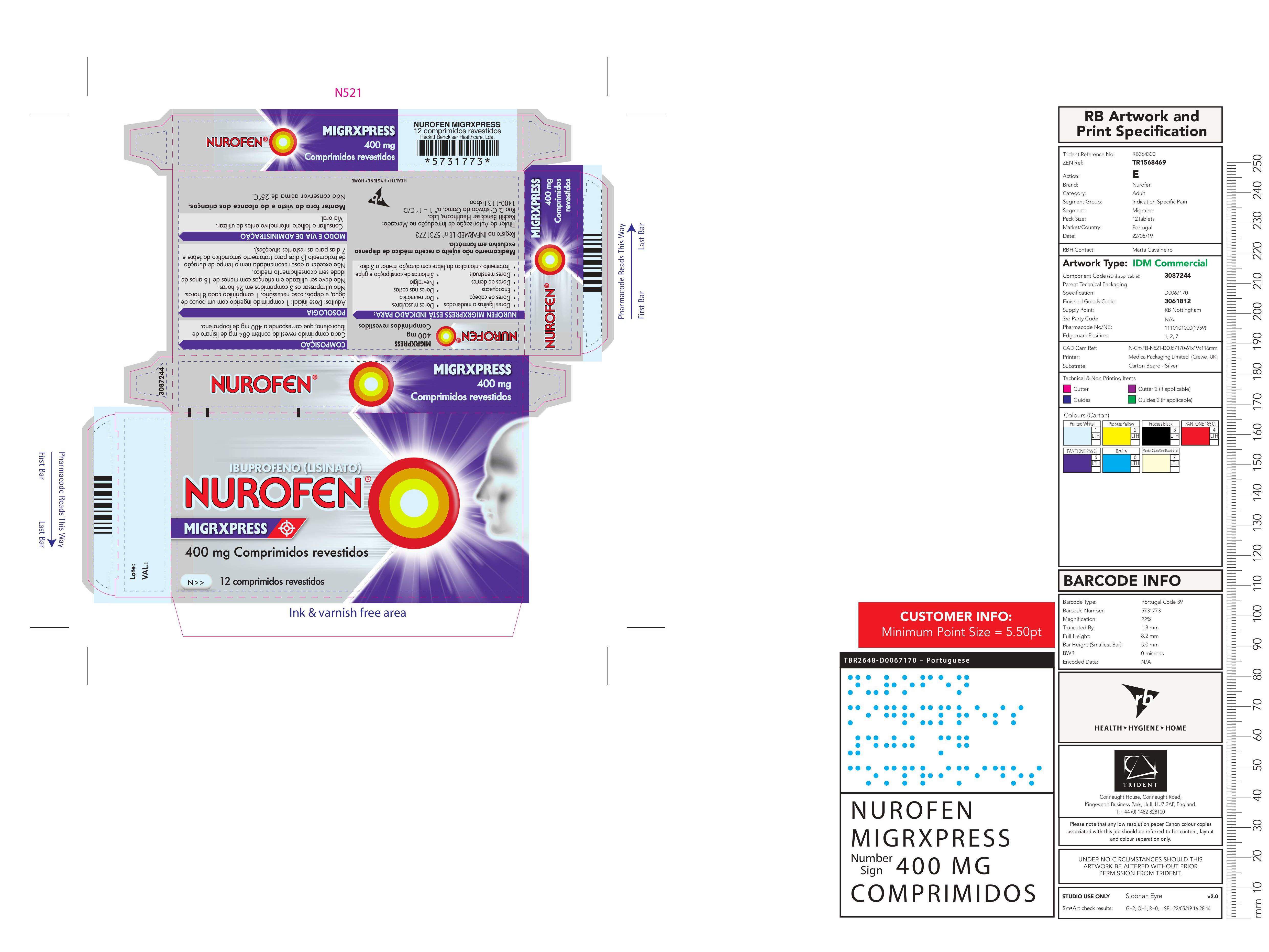COMPRIMIDOS NUROFEN MIGRXPRESS 400MG 12COMP image number 1