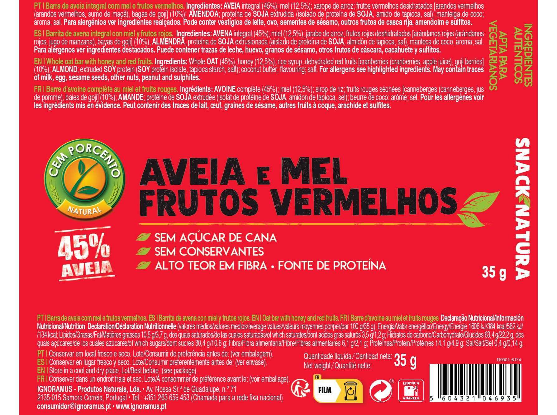 BARRAS CEREAIS CEM PORCENTO AVEIA ME E FRUTOS VERMELHOS 35G image number 1