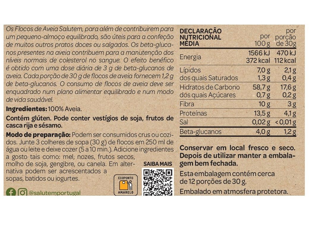 FLOCOS SALUTEM AVEIA FINOS INTEGRAIS 375G image number 1