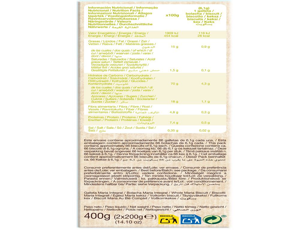 BOLACHA GULLON MARIA INTEGRAL BIO 400G image number 1