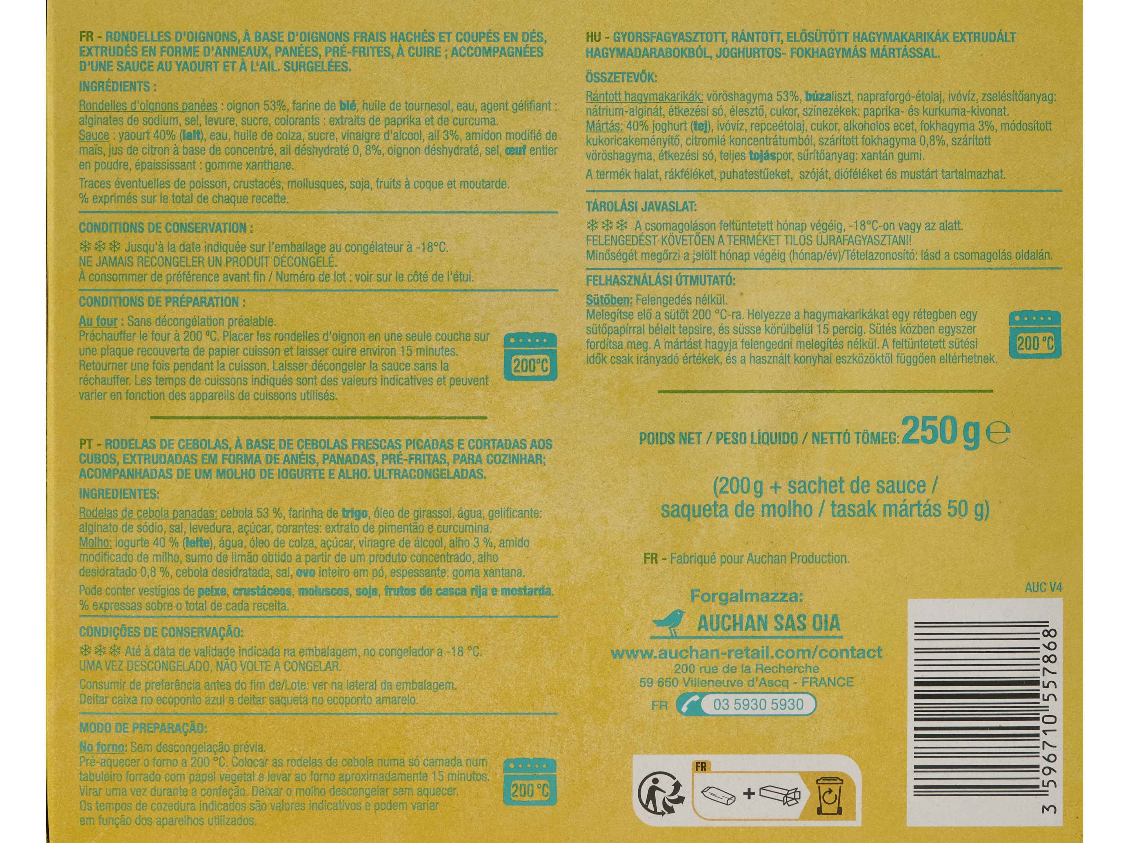 AROS DE CEBOLA AUCHAN PANADOS COM MOLHO IOGURTE E ALHO 250G image number 2