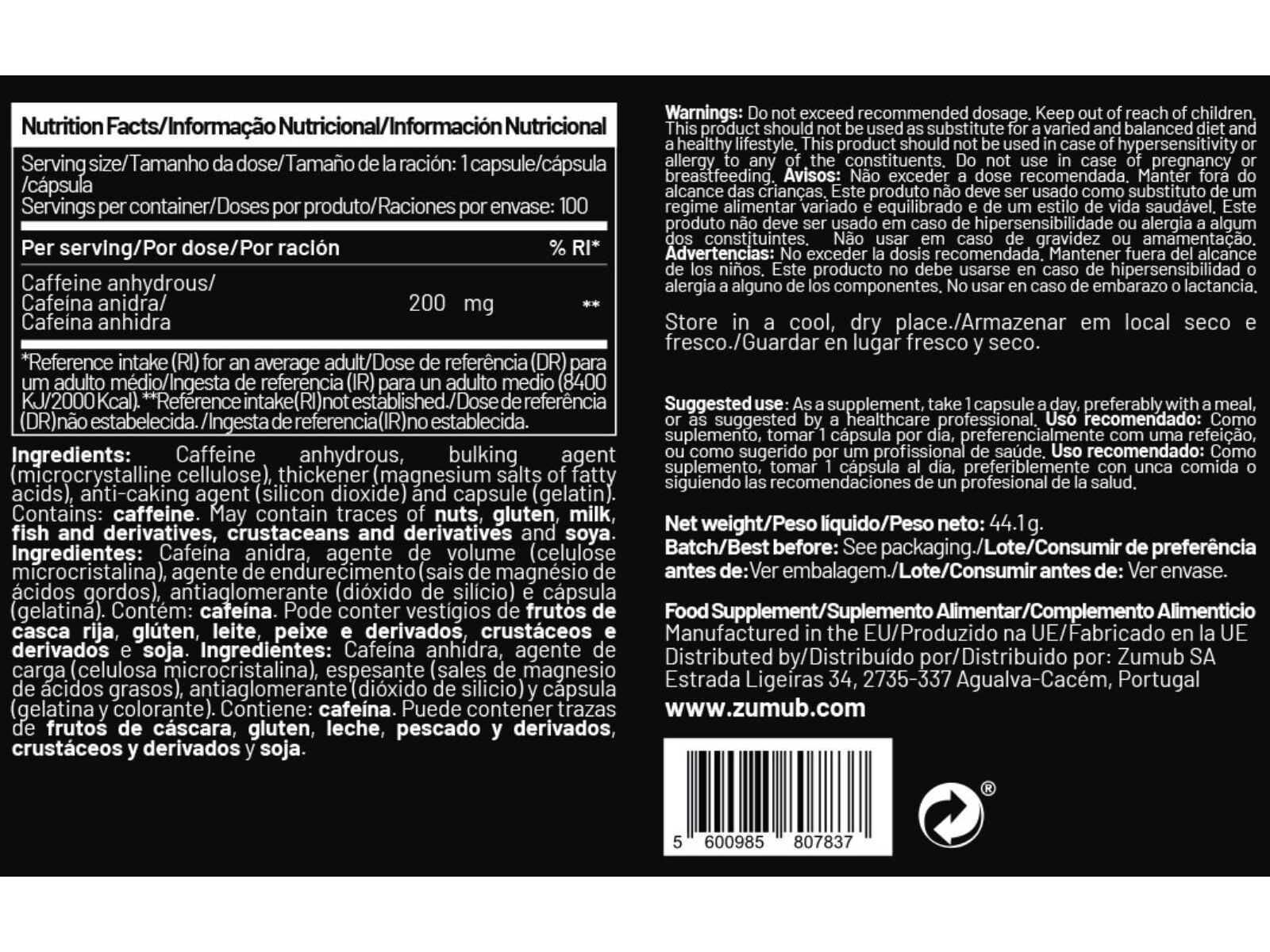 SUPLEMENTO CAFE&Iacute;NA ZUMUB PROFISSIONAL 100 CAPS image number 1