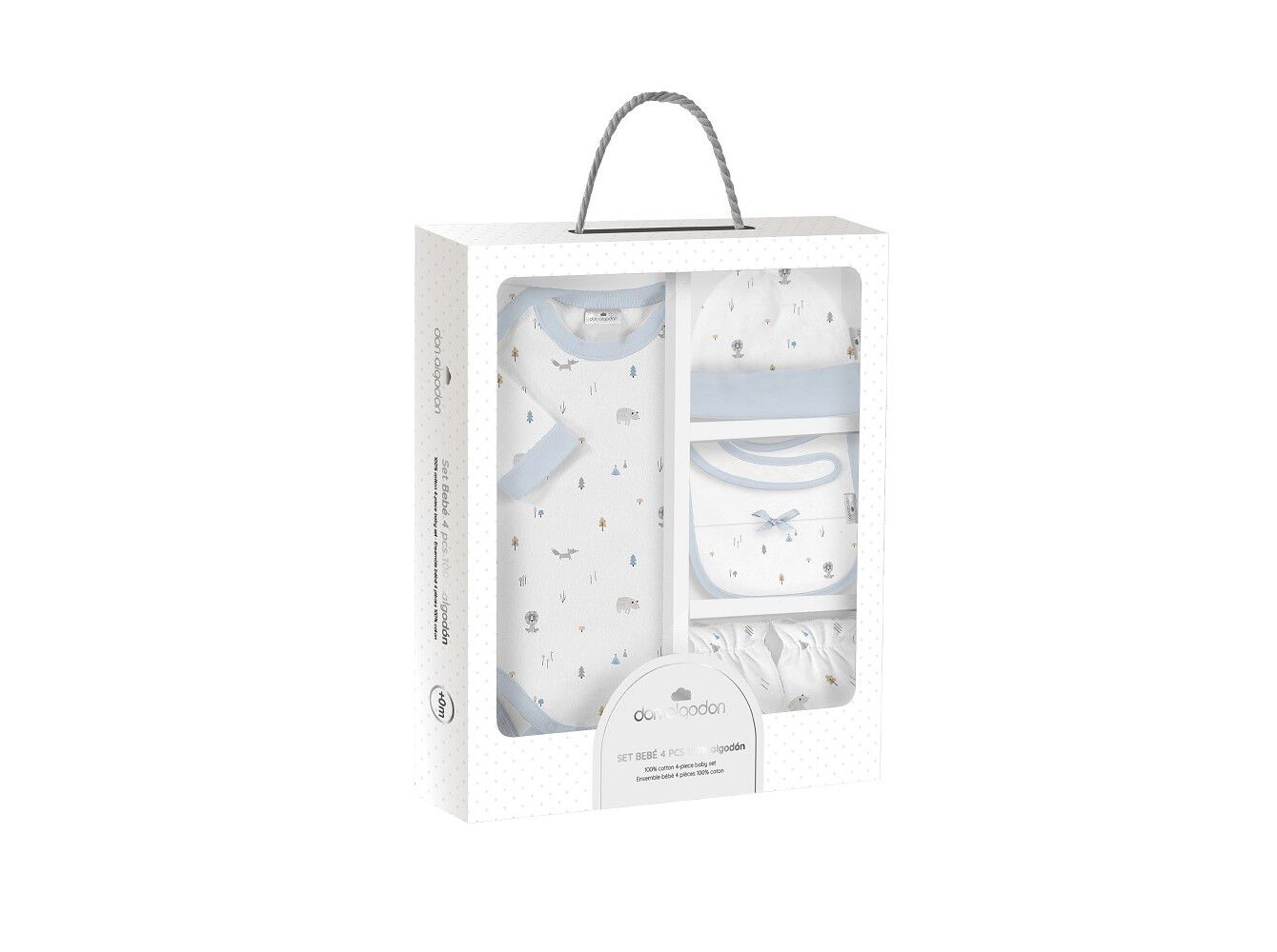 CONJUNTO 4 PE&Ccedil;AS DON ALGODON BODIE+GORRO+BABETE+LUVAS AZUL 0+MESES