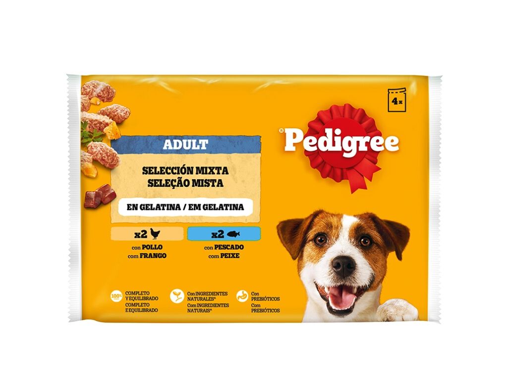 COMIDA H&Uacute;MIDA C&Atilde;O PEDIGREE GELATINA FRANGO/PEIXE 4X100G