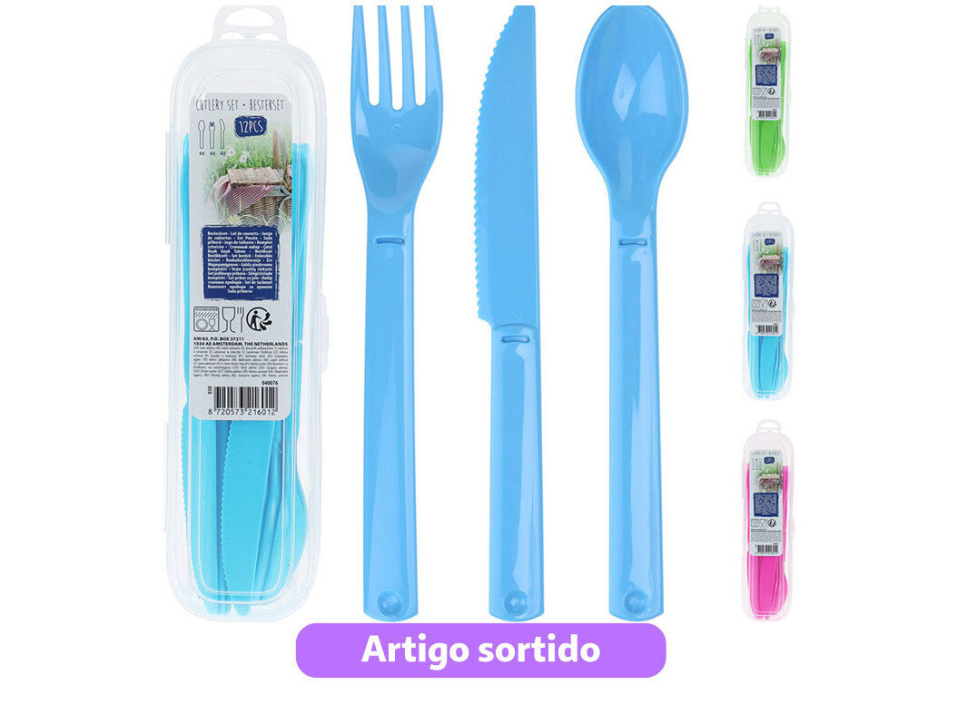 CONJUNTO TALHERES COM CAIXA PL&Aacute;STICO 12 UNIDADES CORES SORTIDAS