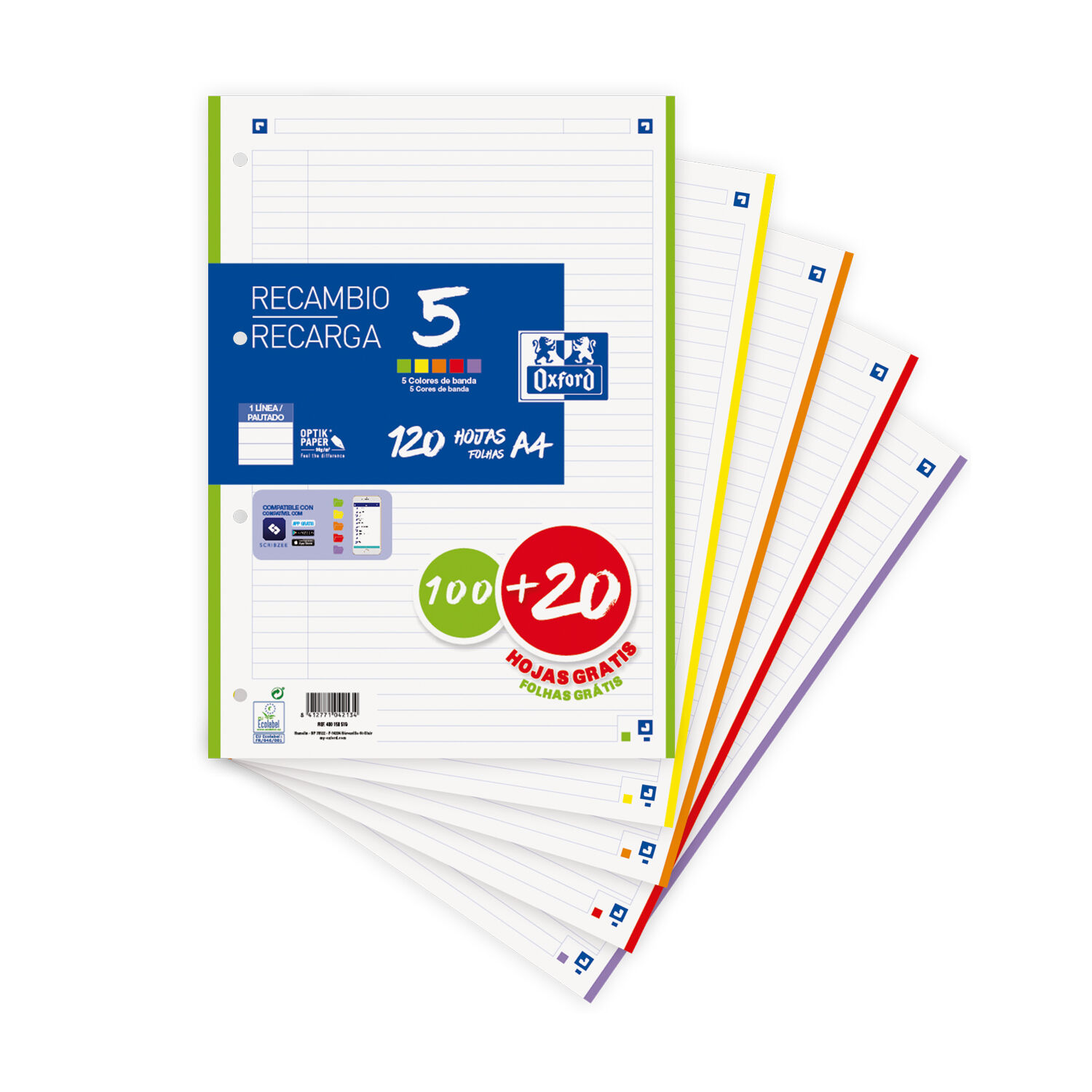 RECARGA A4 PARA DOSSIER OXFORD COM BANDA DE COR 100+20 FOLHAS image number 0