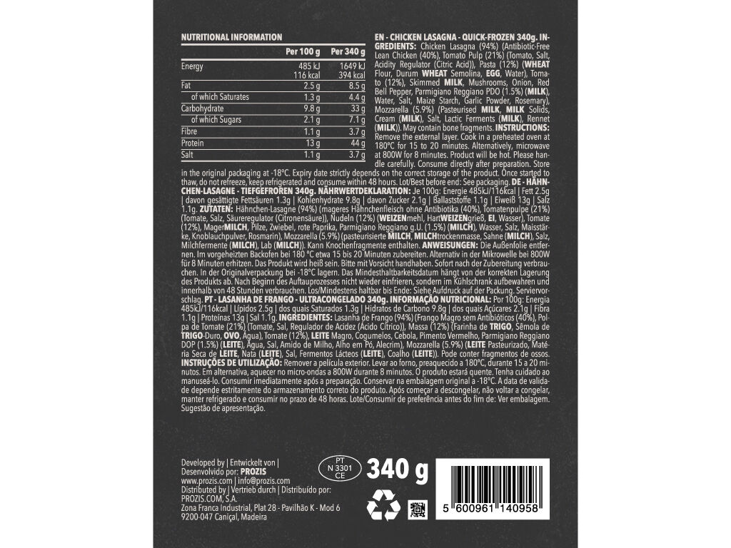 LASANHA DE FRANGO PROZIS 340 G image number 1