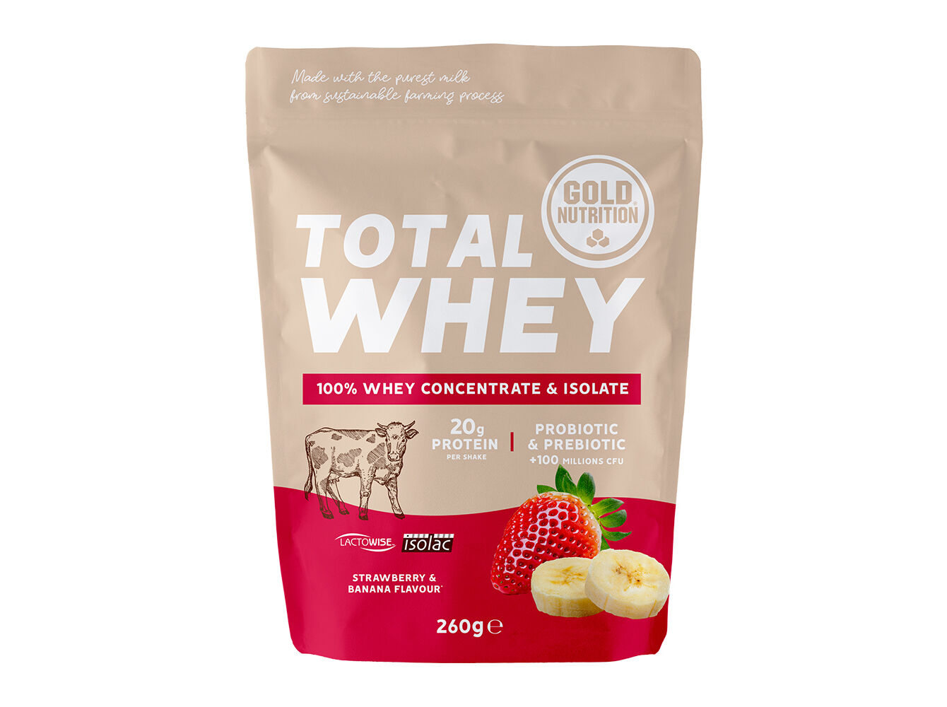 PROTE&Iacute;NA GOLDNUTRITION TOTAL WHEY MORANGO BANANA 260G
