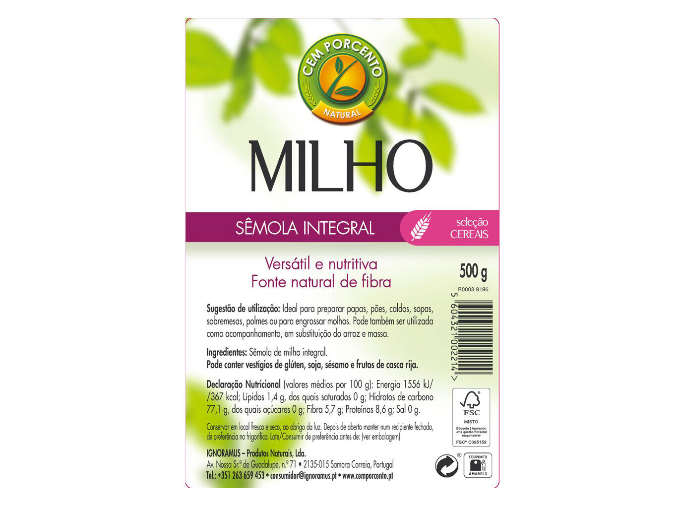 S&Ecirc;MOLA CEM PORCENTO MILHO INTEGRAL 500G image number 1