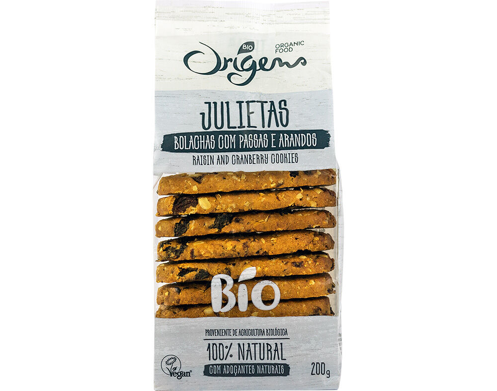 BOLACHAS JULIETA'S ORIGENS BIO PASSAS E ARANDOS 200G image number 0