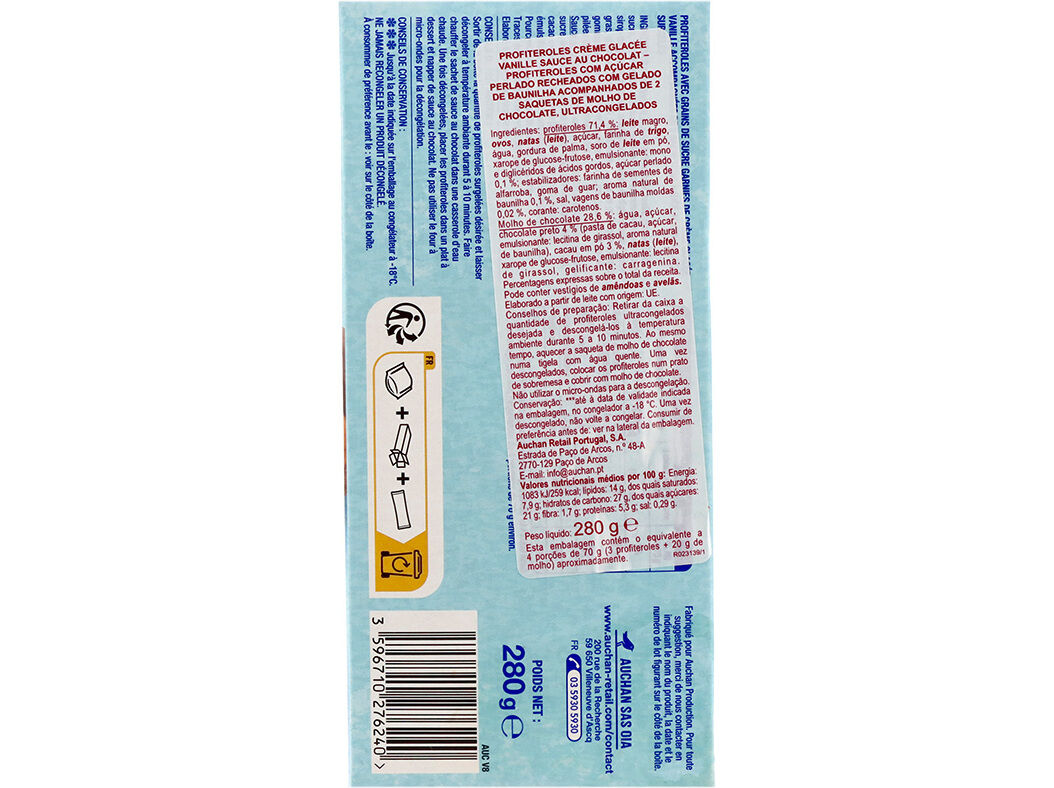 PROFITEROLES AUCHAN RECHEIO GELADO DE BAUNILHA E MOLHO DE CHOCOLATE 280G image number 2