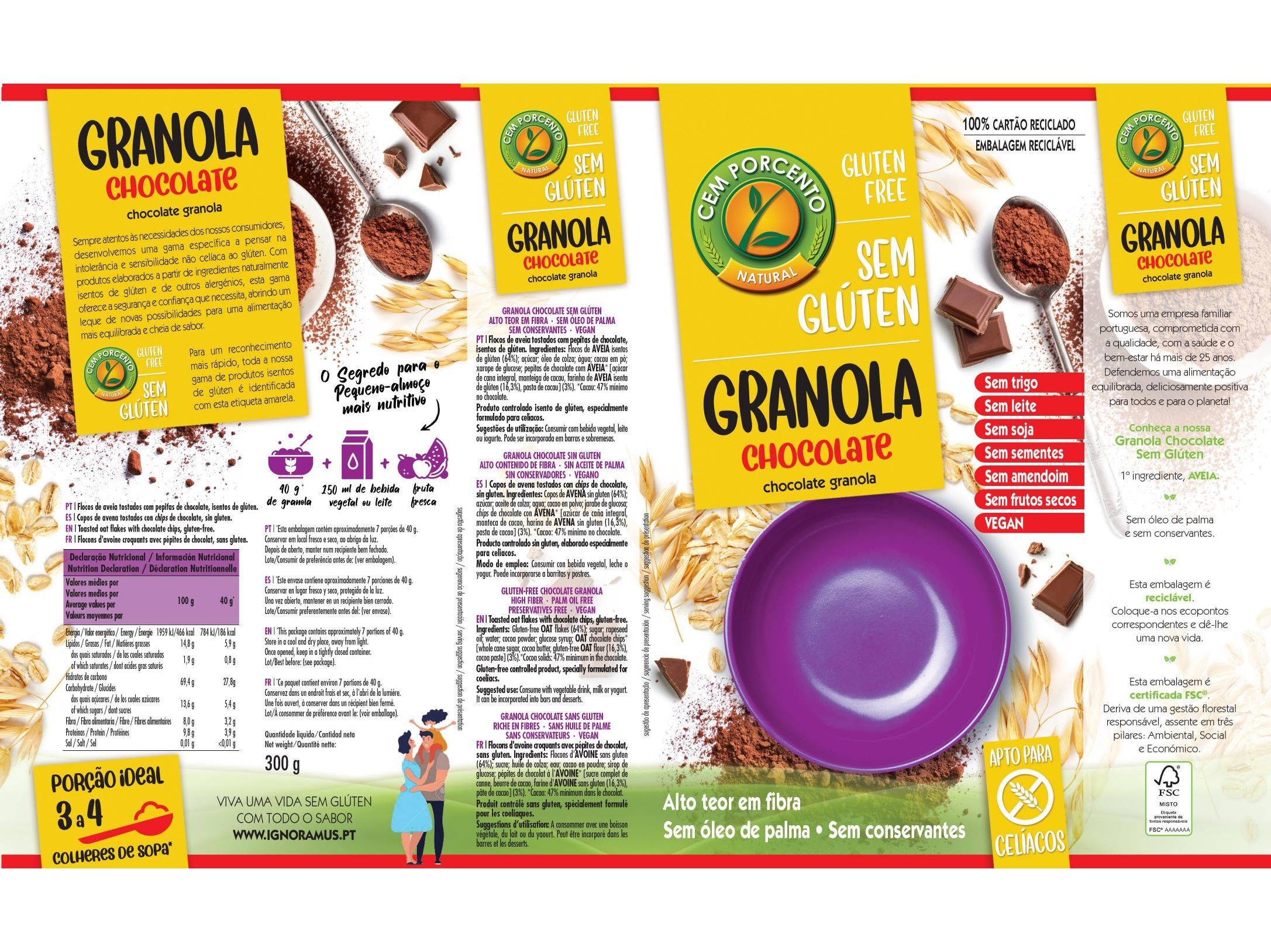 GRANOLA CEM PORCENTO CHOCOLATE SEM GL&Uacute;TEN 300 G image number 1