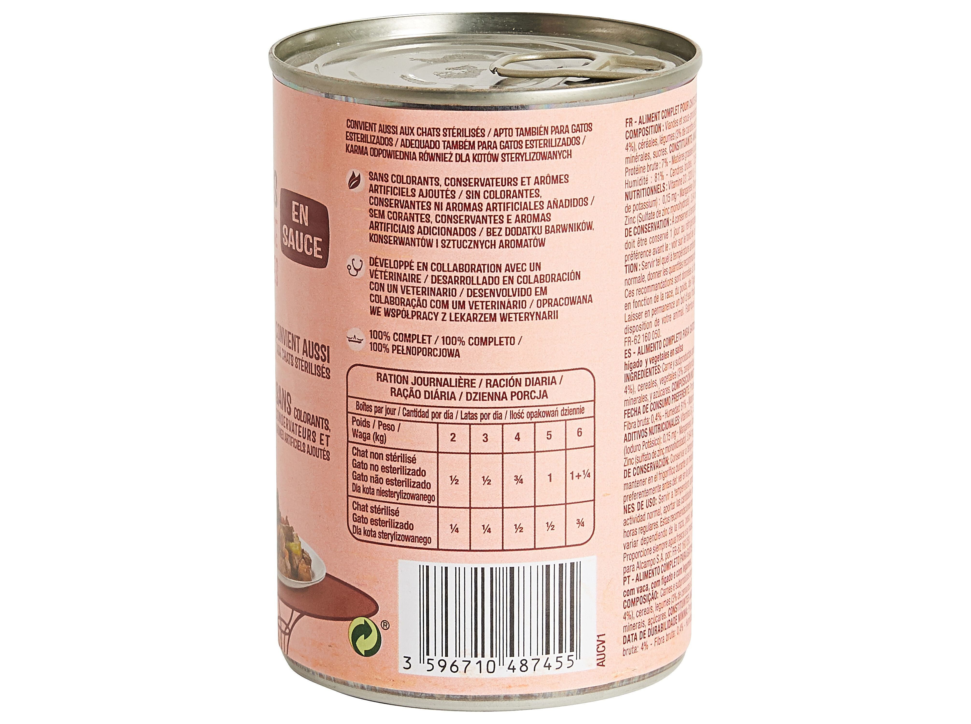 COMIDA H&Uacute;MIDA PARA GATO AUCHAN PEDA&Ccedil;OS EM MOLHO COM VACA COM F&Iacute;GADO E COM LEGUMES 400G image number 3
