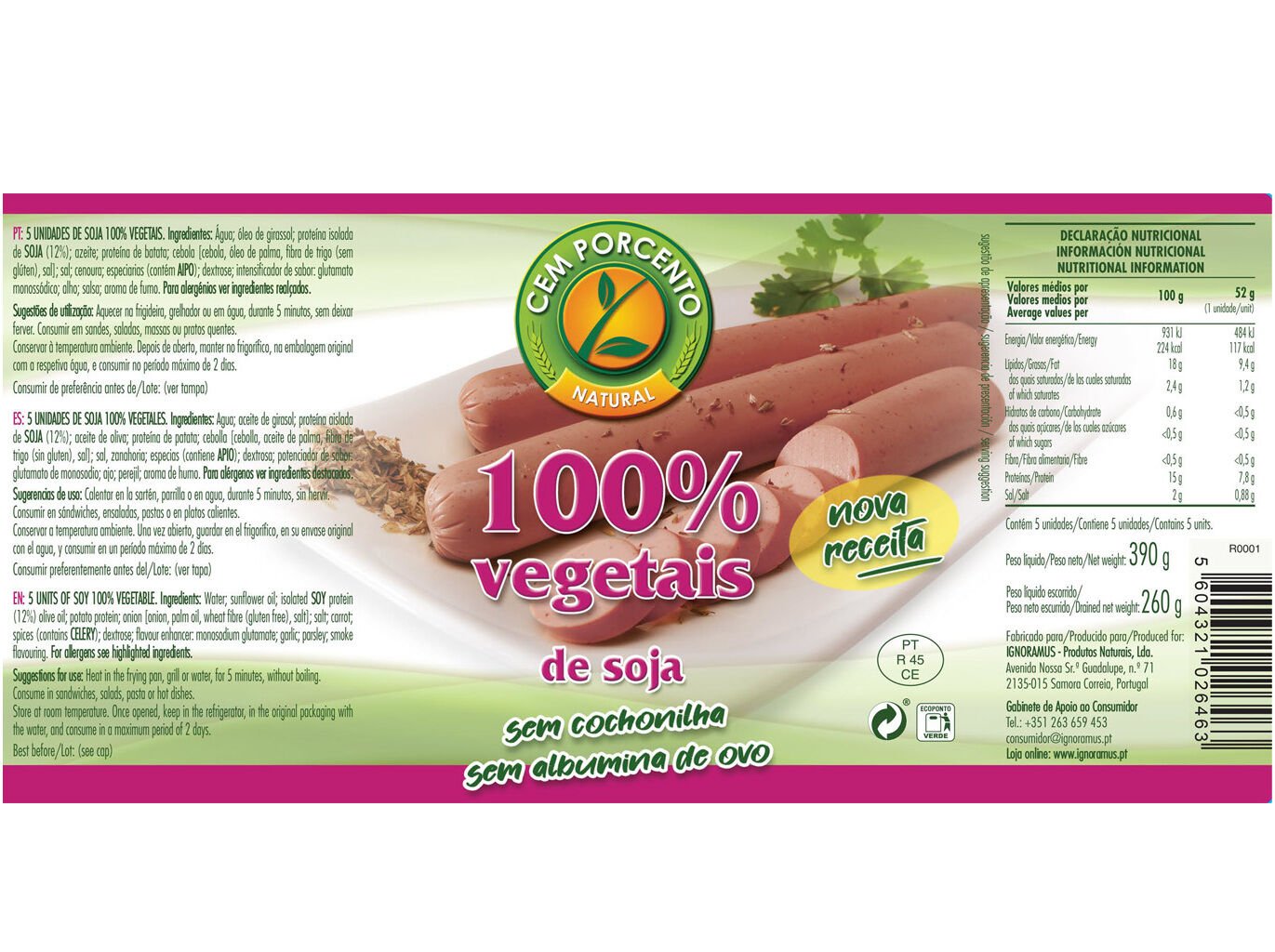 SALSICHAS CEM PORCENTO SOJA 390G image number 1