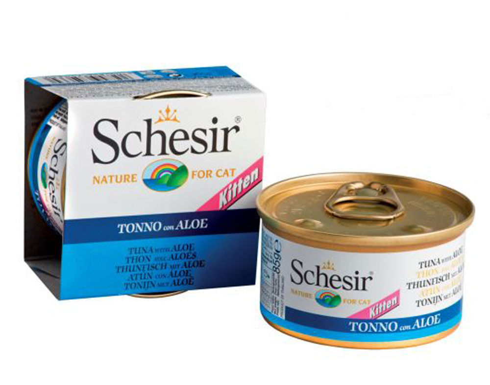 COMIDA H&Uacute;MIDA PARA GATINHO SCHESIR LATA COM ATUM E ALO&Eacute; 85G