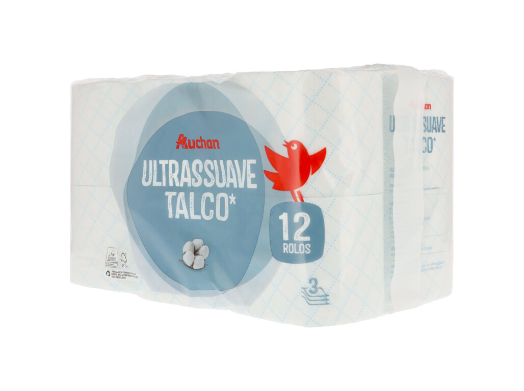 PAPEL HIGI&Eacute;NICO AUCHAN ULTRASSUAVE TALCO 3 FOLHAS 12 ROLOS image number 1