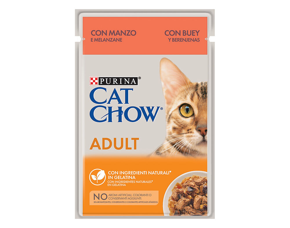 COMIDA H&Uacute;MIDA PARA GATO CAT CHOW COM VACA E BERINGELA 0.85G