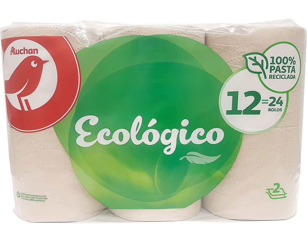 PAPEL HIGI&Eacute;NICO AUCHAN ECOL&Oacute;GICO 2 FOLHAS 100% PASTA RECICLADA 12 ROLOS = 24 ROLOS