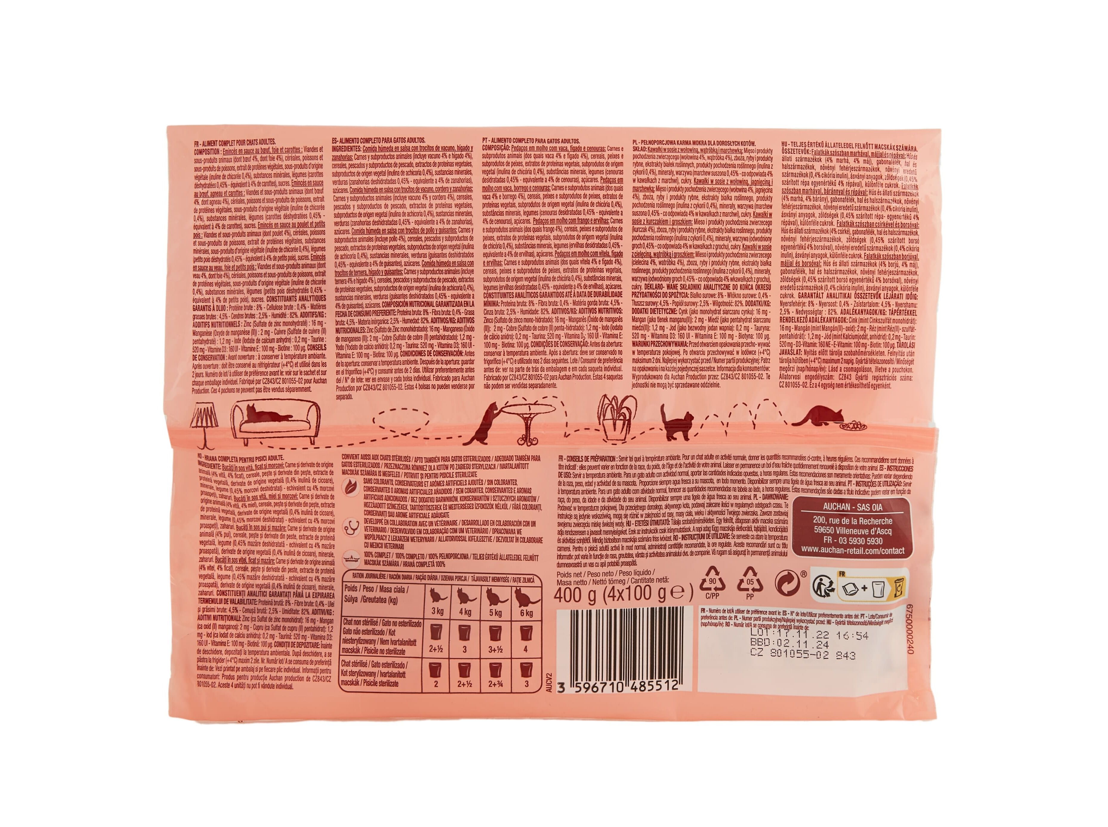 COMIDA H&Uacute;MIDA PARA GATO AUCHAN SAQUETAS PEDA&Ccedil;OS EM MOLHO CARNES 4X100G image number 1