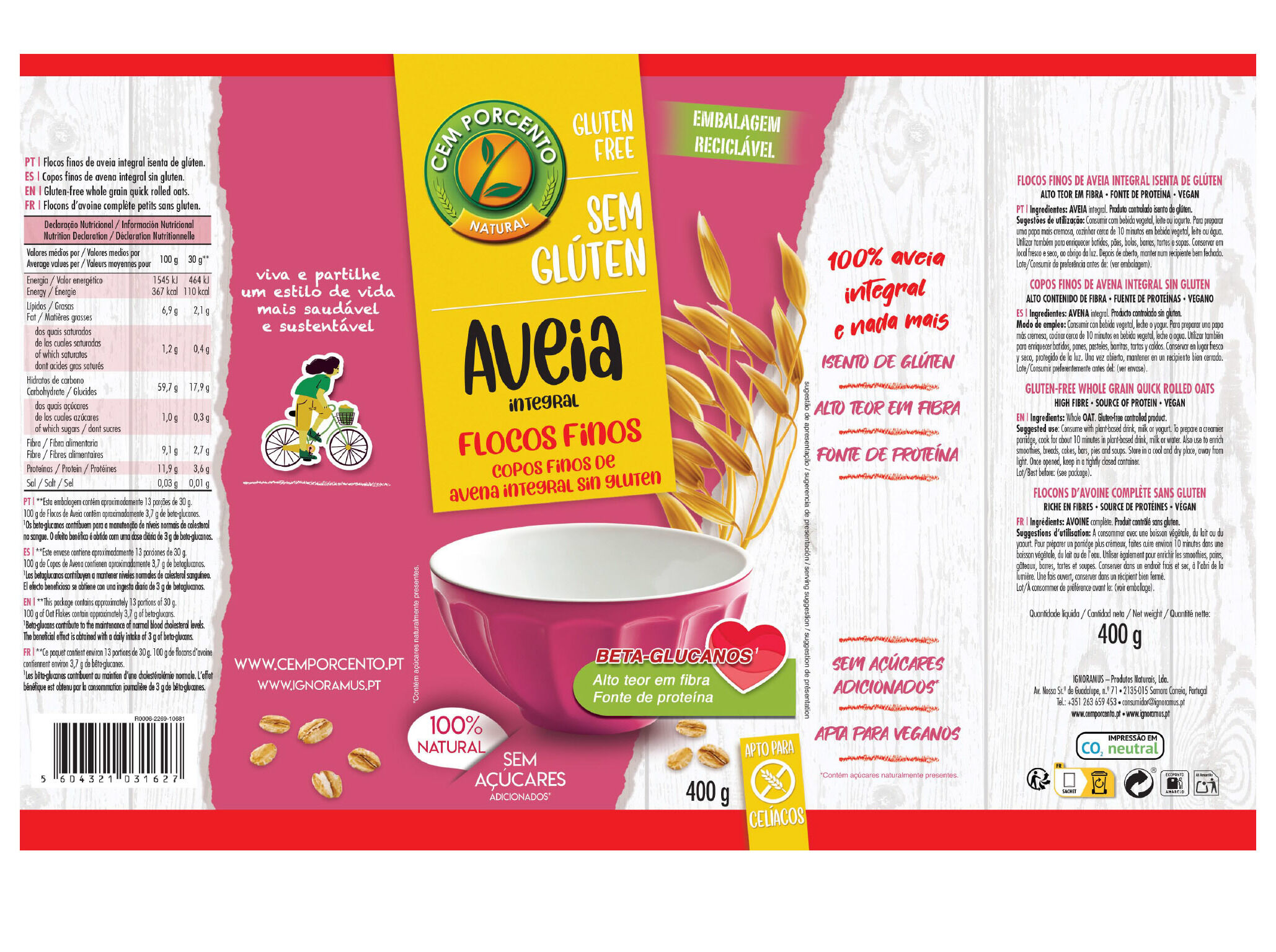 FLOCOS CEM PORCENTO AVEIA FINOS SEM GL&Uacute;TEN 400G image number 1