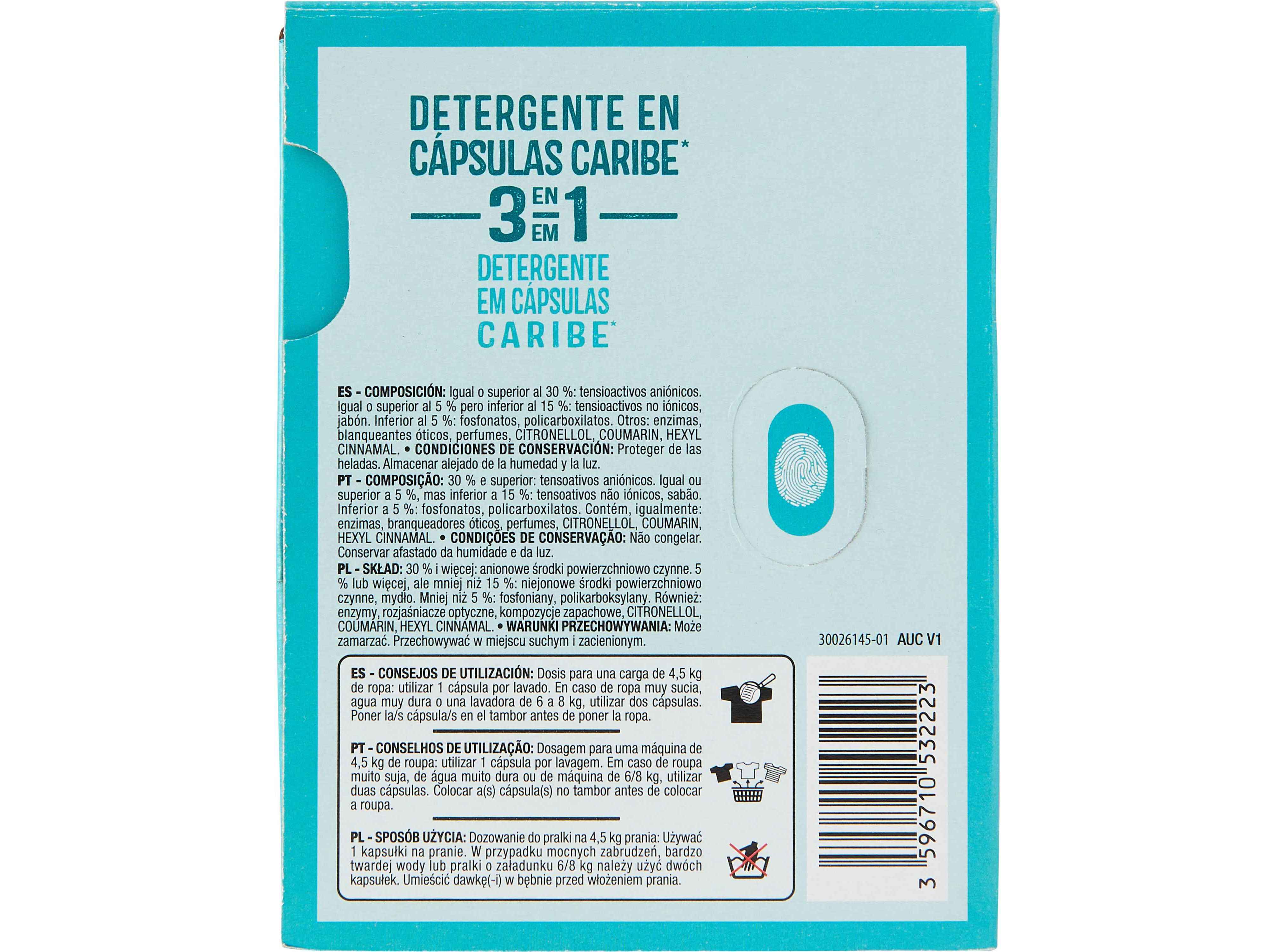 DETERGENTE M&Aacute;Q. ROUPA AUCHAN C&Aacute;PSULAS 3EM1 CARA&Iacute;BAS 20D image number 2