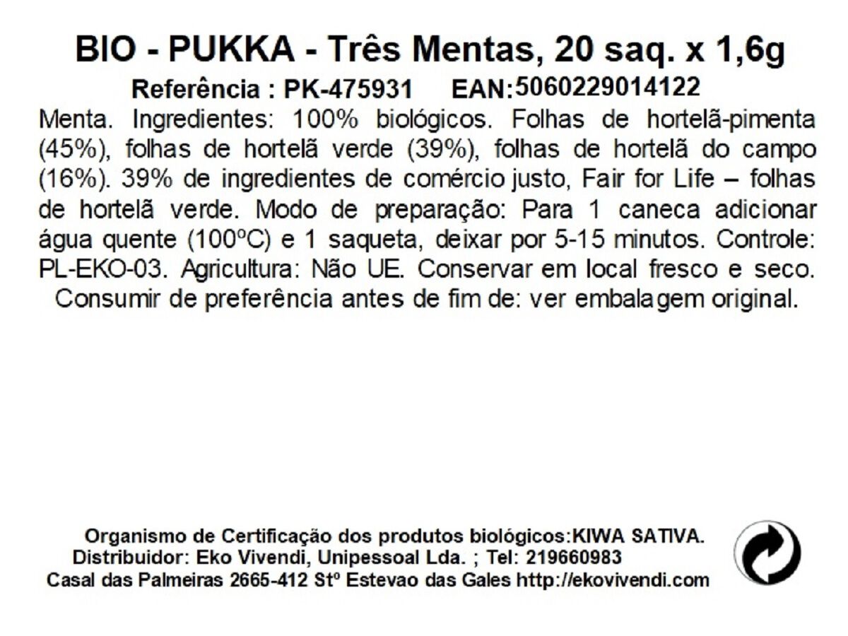 CH&Aacute; BIO PUKKA 3 MENTAS 20 SAQUETAS image number 1