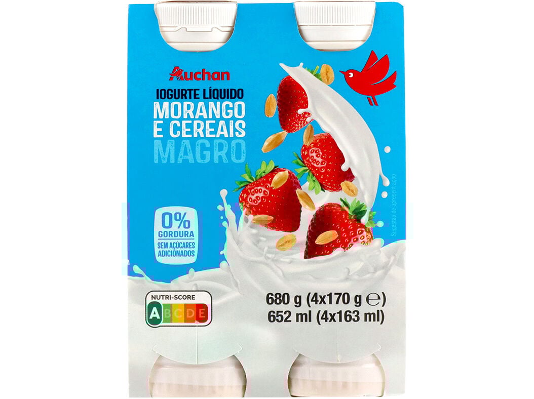 IOGURTE AUCHAN L&Iacute;QUIDO MAGRO MORANGO E CEREAIS 4X170G image number 1