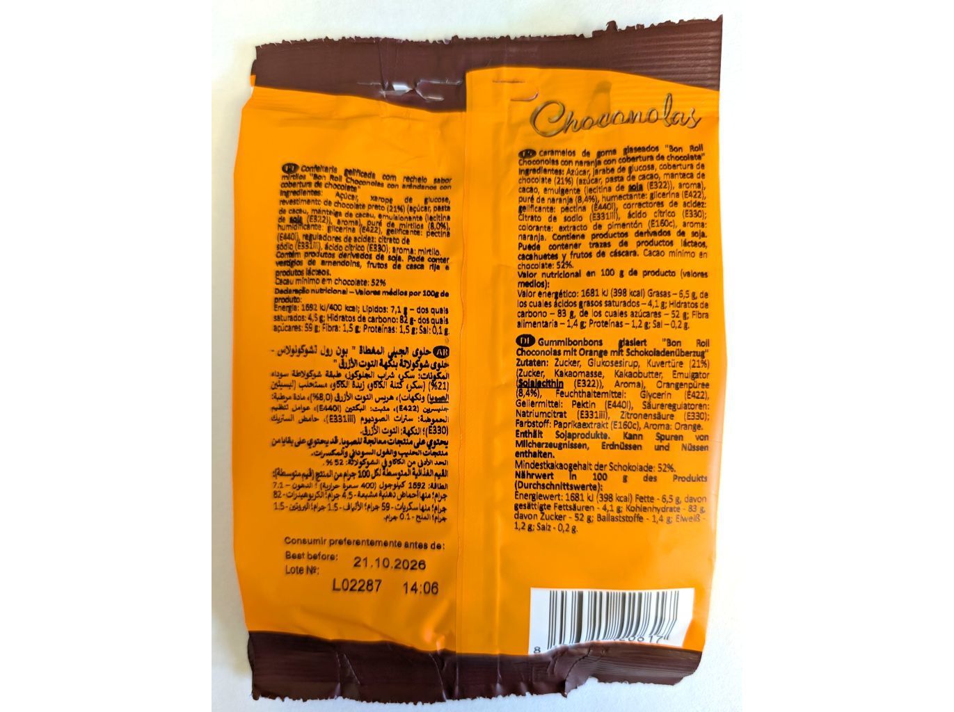 GOMAS BONROLL LARANJA COBERTURA CHOCOLATE NEGRO 72G image number 1