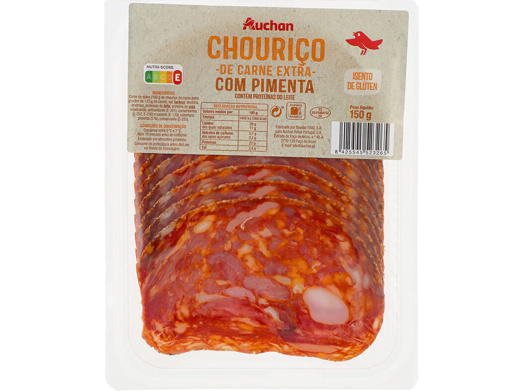 CHOURI&Ccedil;O DE CARNE EXTRA AUCHAN COM PIMENTA FATIAS 150G image number 0