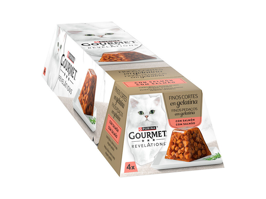 COMIDA H&Uacute;MIDA PARA GATO GOURMET REVELATIONS FINOS PEDA&Ccedil;OS EM GELATINA SALM&Atilde;O 4X57G image number 1