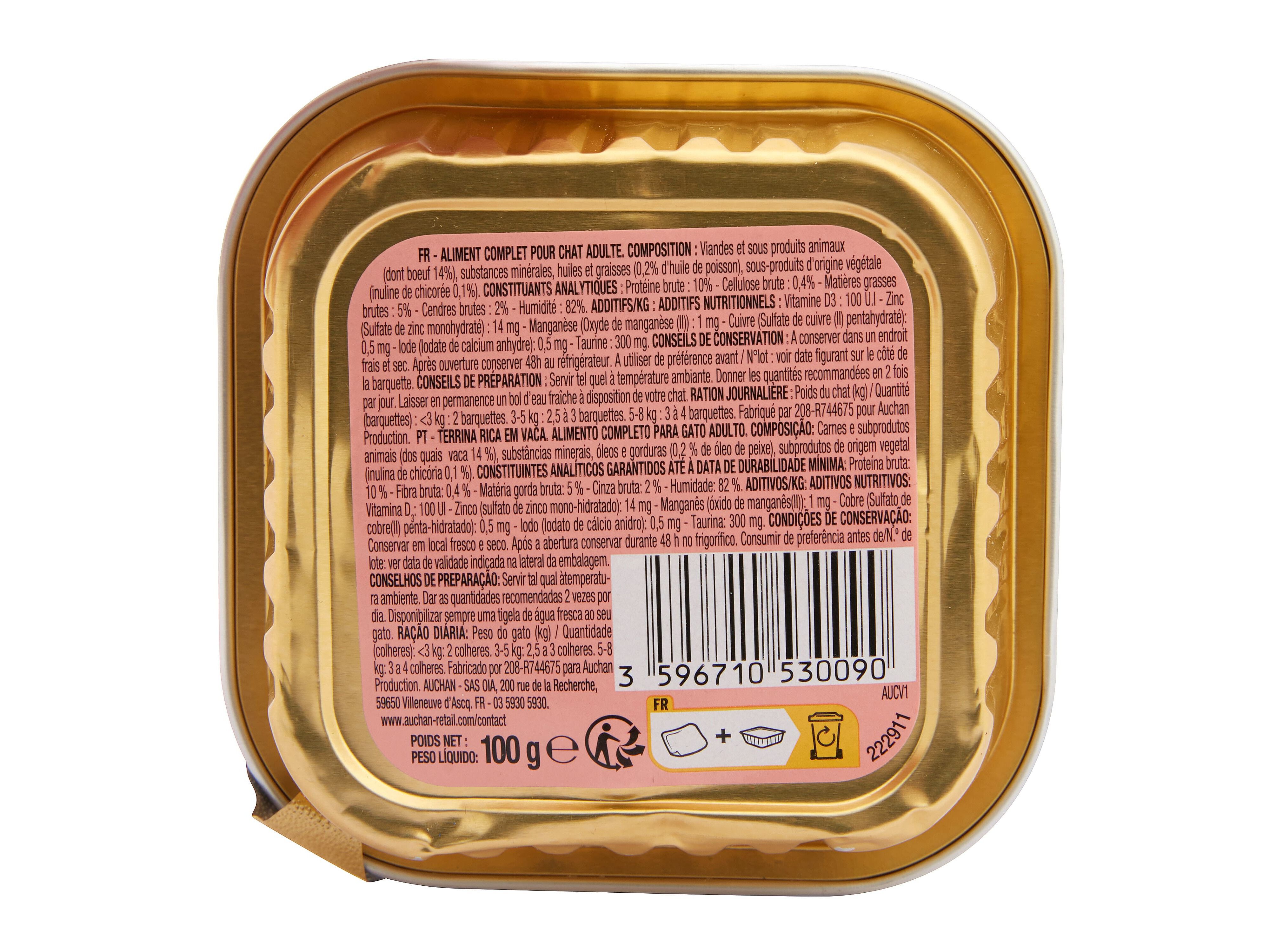 COMIDA H&Uacute;MIDA PARA GATO AUCHAN TERRINA RICO EM VACA 100G image number 2