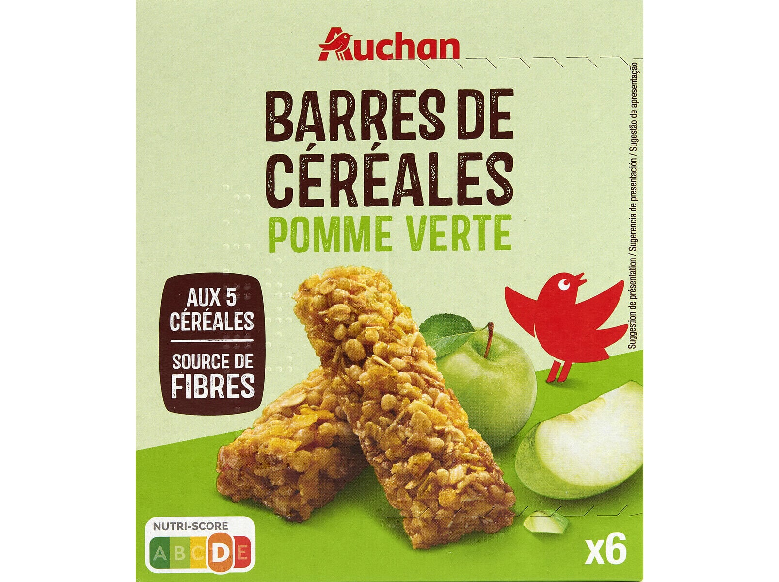 BARRAS AUCHAN CROUSTY CEREAIS MA&Ccedil;&Atilde; VERDE 126G 6UN