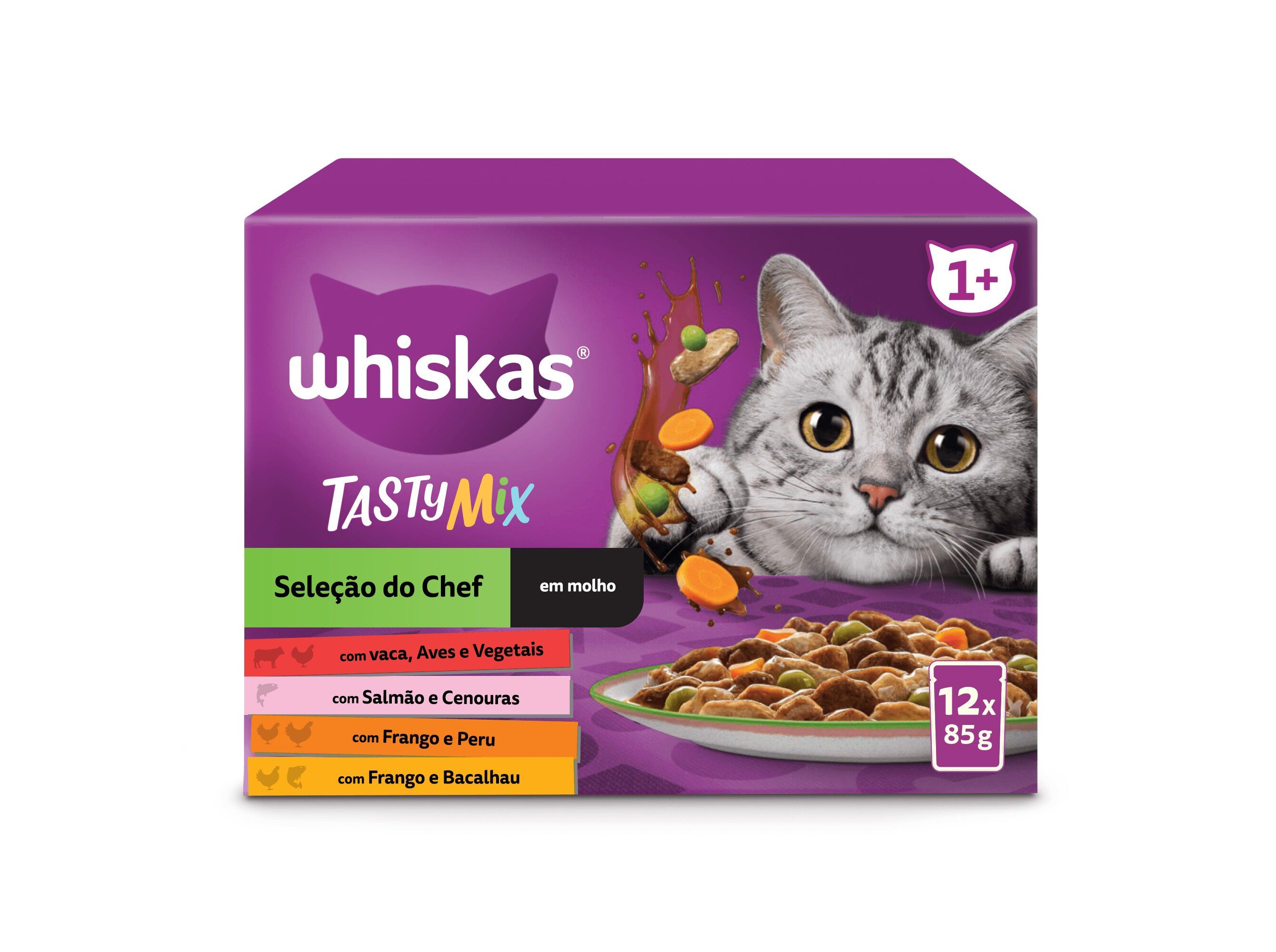 COMIDA H&Uacute;MIDA GATO WHISKAS TASTY MIX SELE&Ccedil;&Atilde;O DO CHEF 12X85G
