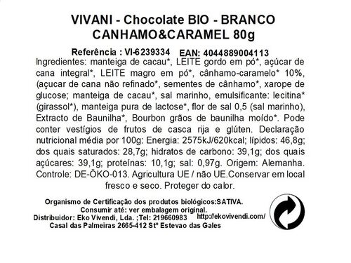 CHOCOLOLATE VIVANI BRANCO CANHAMO E CARAMELO BIO 80G image number 1
