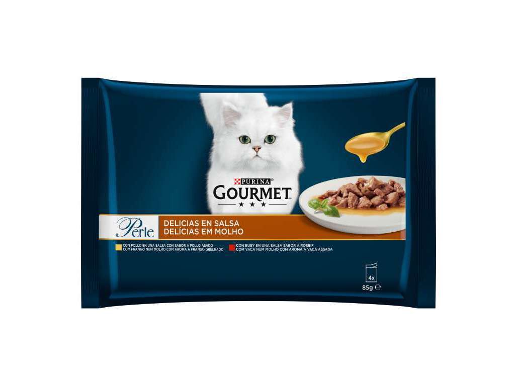 COMIDA H&Uacute;MIDA PARA GATO GOURMET PERLE DEL&Iacute;CIAS EM MOLHO COM CARNE 4X85G image number 0