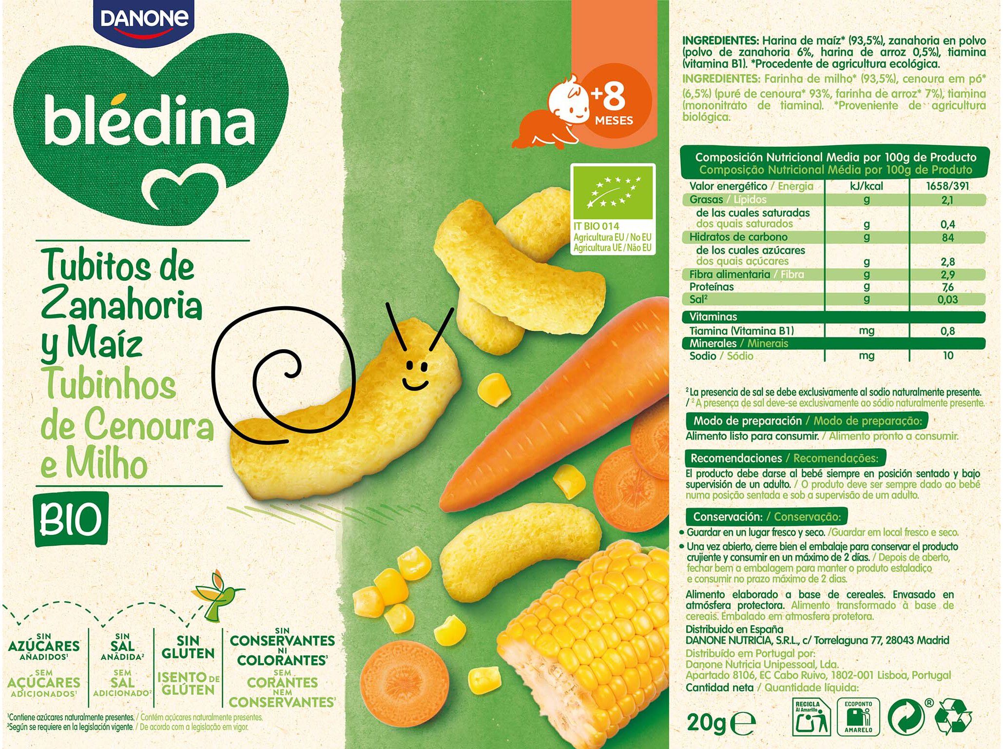 SNACK BLEDINA BIO TUBINHOS CENOURA E MILHO 20G image number 1