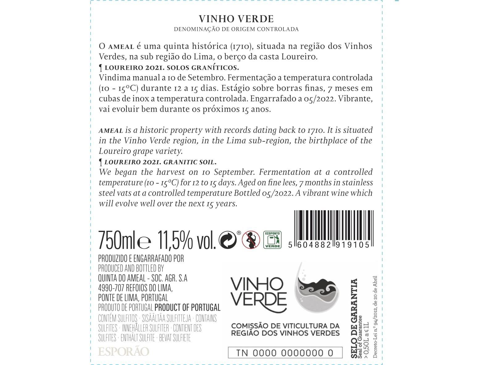 VINHO BRANCO AMEAL LOUREIRO VINHO VERDE 0.75L image number 1