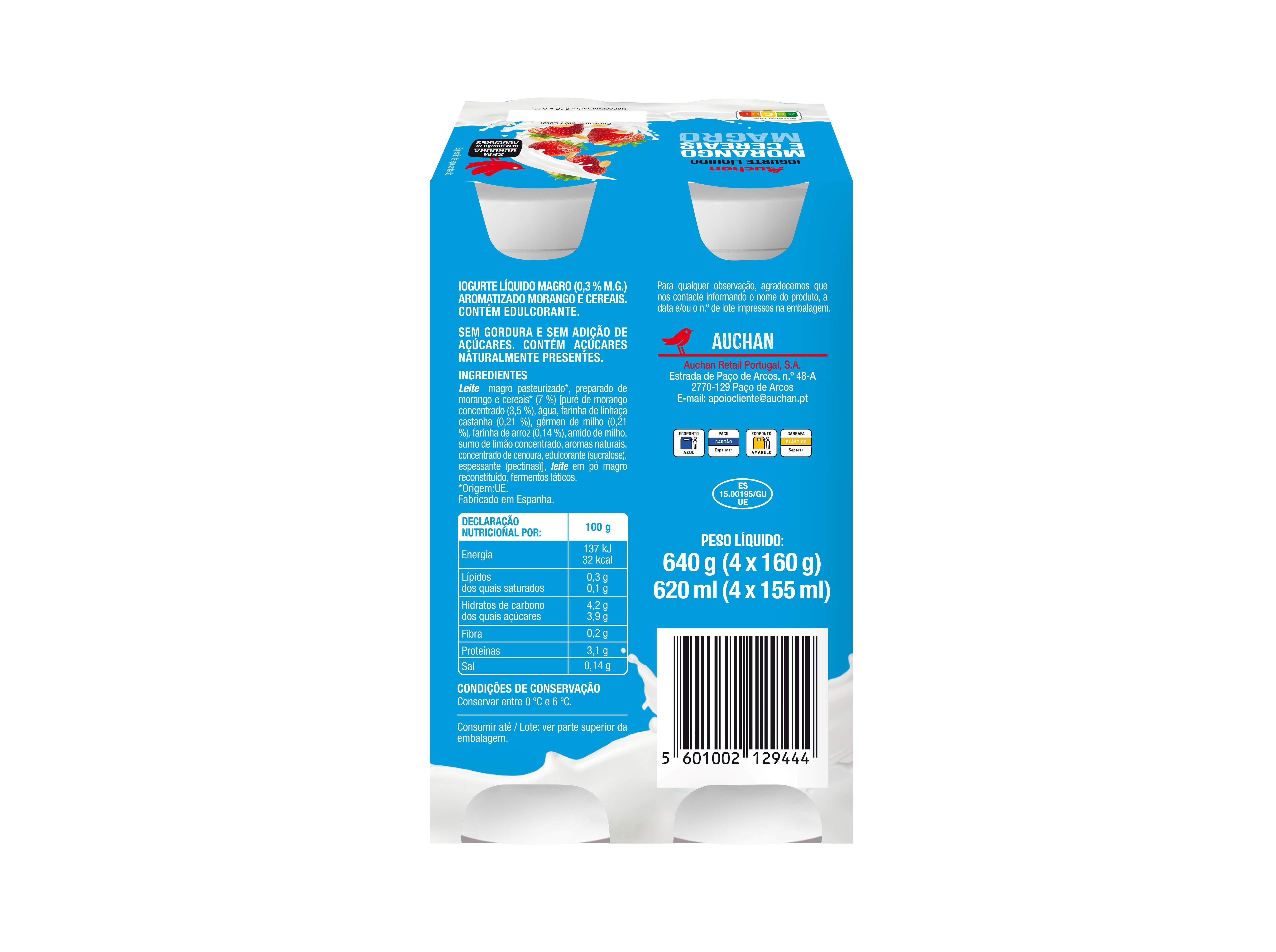 IOGURTE L&Iacute;QUIDO MAGRO AUCHAN MORANGO E CEREAIS 4X160G image number 1