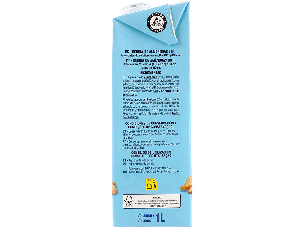 BEBIDA AUCHAN AM&Ecirc;NDOAS SEM GL&Uacute;TEN 1L image number 2