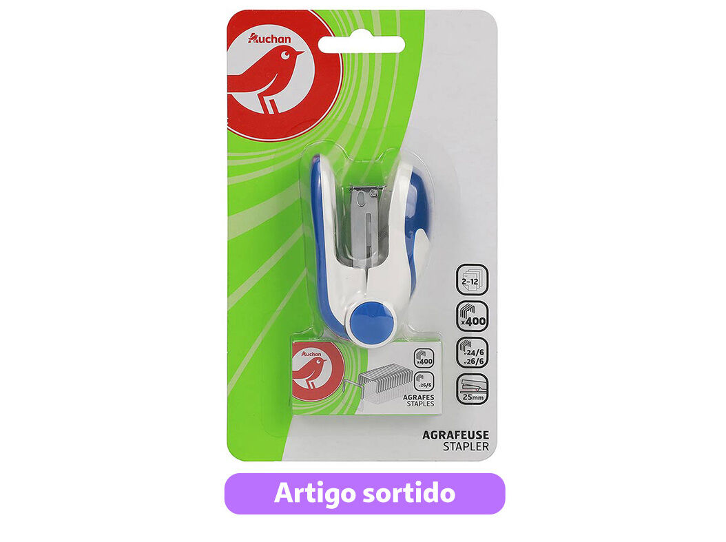 CONJUNTO DE MINI AGRAFADOR 24/6-26/6 AUCHAN E CAIXA COM 400 AGRAFOS CORES SORTIDAS image number 3