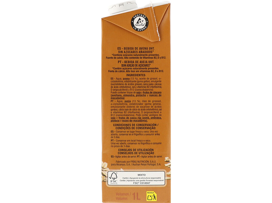 BEBIDA AVEIA UHT AUCHAN BARISTA SEM ADI&Ccedil;&Atilde;O DE A&Ccedil;&Uacute;CARES 1L image number 2