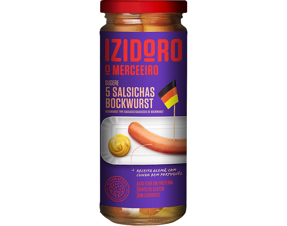 SALSICHAS PORCO IZIDORO BOCKWURST FRASCO5UN 400(245)G