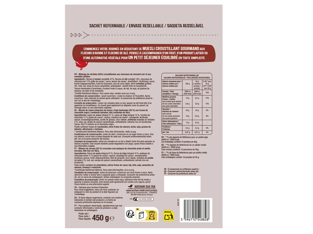 CEREAIS AUCHAN MUESLI CHOCOLATE PRETO E AVEL&Atilde;S 450G image number 1